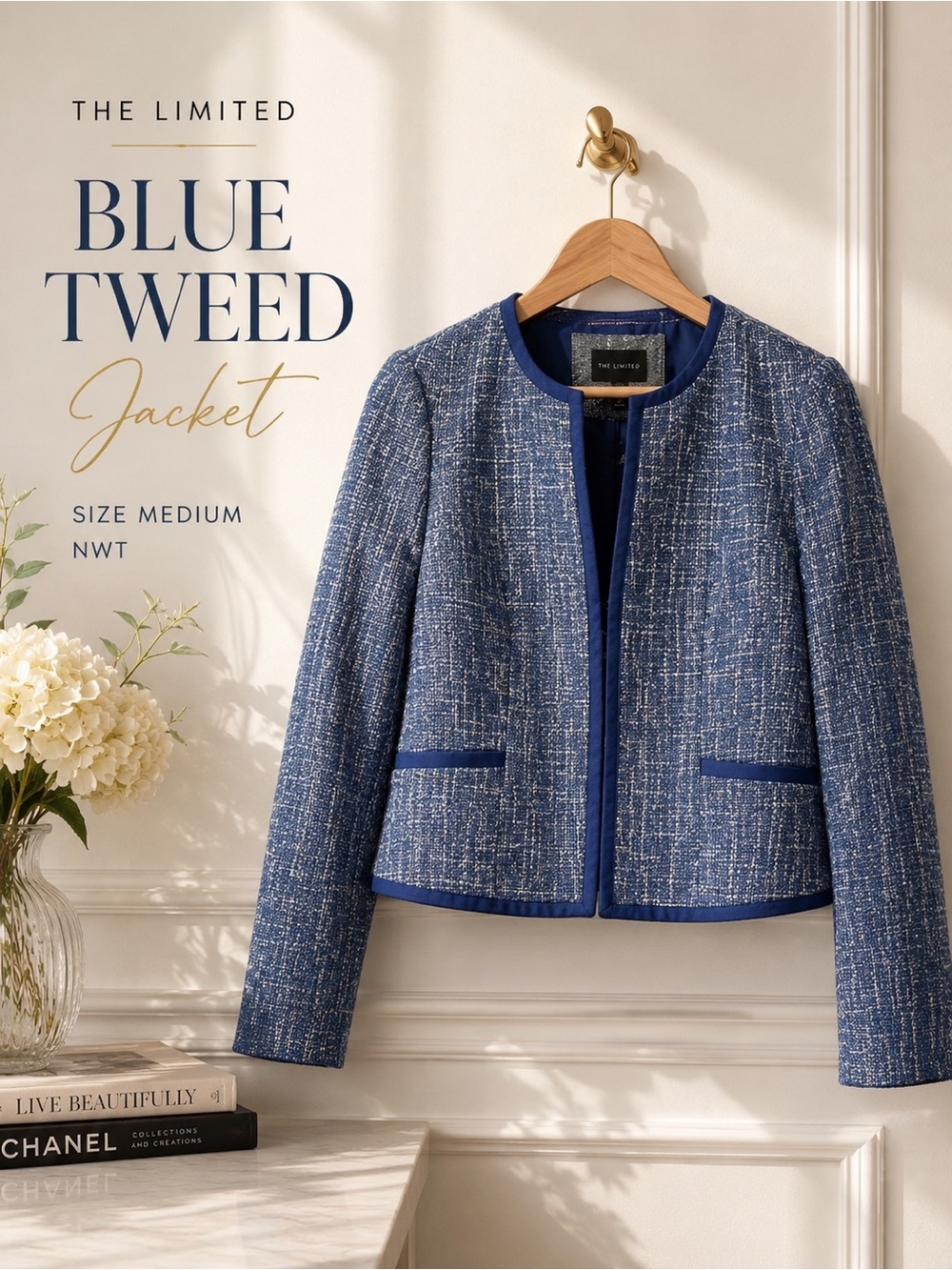 The Limited Blue Tweed Hook & Eye Jacket Size Medium NWT